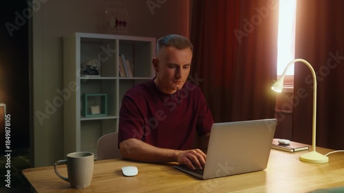 Man worker remote working at home. Guy taking a break, finished, went rest. Tired male employee end task close laptop. Ceo person use pc. Online education. Computer freelance. Distant internet job.