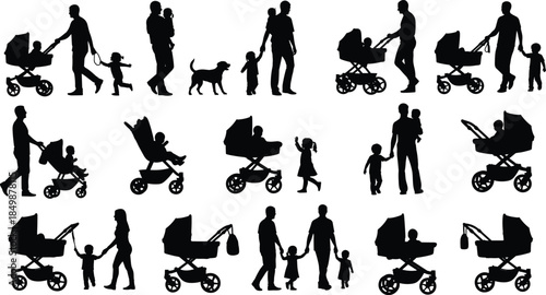 Family, silhouette, people, walking, stroller, children, adults, parenting, care, black, figures, motion, dog, hand, carry, run, together, urban, lifestyle, relationship