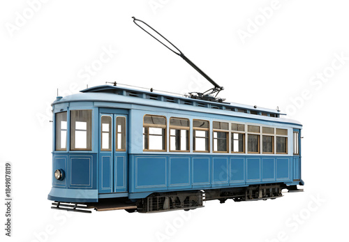 Vintage blue electric trolley streetcar with large windows and overhead pole, isolated on a transparent background