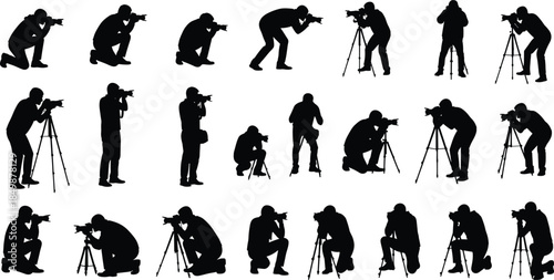 Photographer, silhouette, camera, tripod, pose, black, figure, kneeling, standing, crouching, bending, action, shooting, professional, dynamic, creative, motion, equipment, technique
