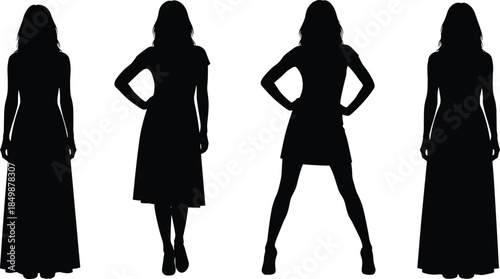 Silhouette, women, dress, fashion, standing, pose, black, figure, style, posture, elegance, outfit, body, gesture, model, clothing, variation, design, feminine, expression