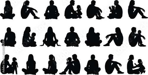 Silhouette, seated, people, children, adults, posture, interaction, black, figures, sitting, pose, cross-legged, bonding, care, relationship, parenting, group, body language, casual, connection