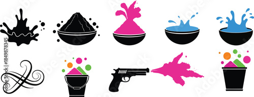 Colorful paint splatters and gun with abstract designs