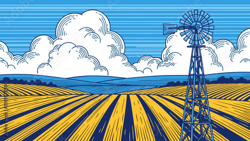 A stylized illustration of a rural landscape with a windmill standing in a vast field under a cloudy blue sky.