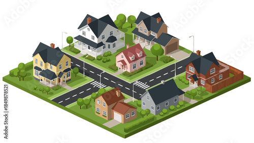 Isometric view of a charming residential neighborhood with various houses and green spaces.