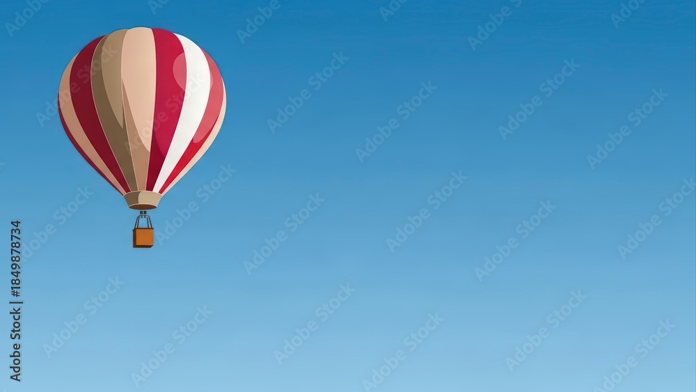 Fototapeta premium A solitary hot air balloon with red and white stripes floats serenely in a vast, clear blue sky.