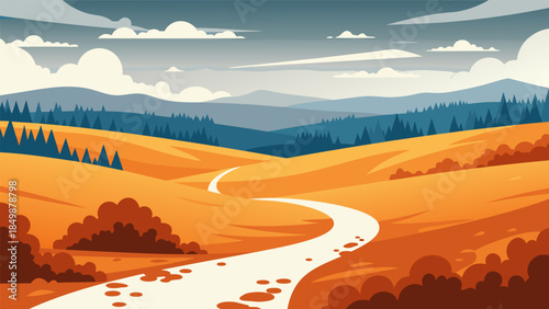 A stylized illustration of a winding path through golden autumn fields with distant blue mountains and a cloudy sky.
