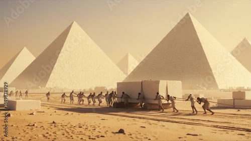 Ancient Egyptian Laborers Haul Massive Stone Blocks on Sledges Across Desert Construction Site, Building Pyramids, Historical Engineering, Monumental Iconic Pharaonic Architecture.
