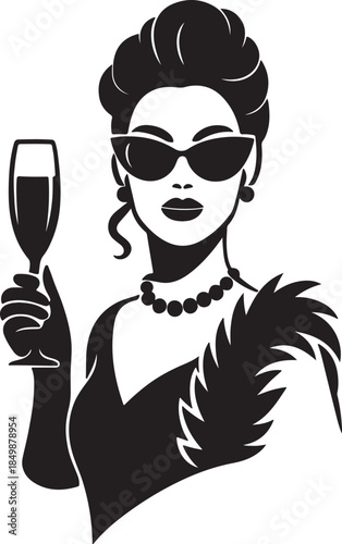 Elegant woman in sunglasses with a champagne glass, exuding classic retro glamour and sophistication