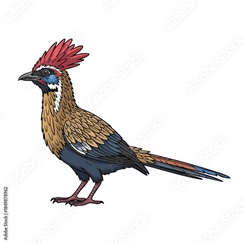 A vibrant, digitally illustrated bird with a distinctive red crest and colorful plumage stands against a clean white background, showcasing its detailed feathers and beak in a valentine