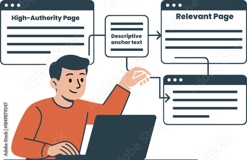 SEO Internal Linking Concept Passing Authority from High Authority Page to Relevant Page Vector Illustration