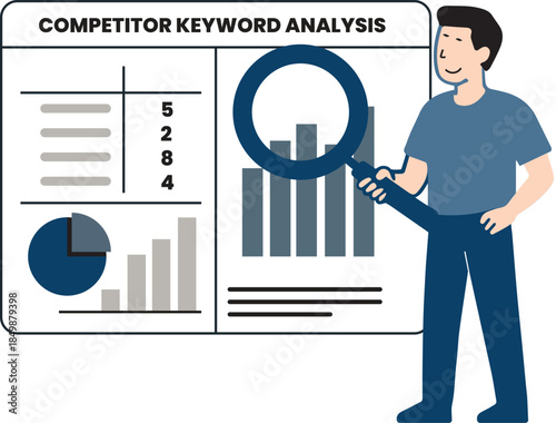 SEO Analyst Researching Competitor Keyword Data to Find New Ranking Opportunities Vector Illustration