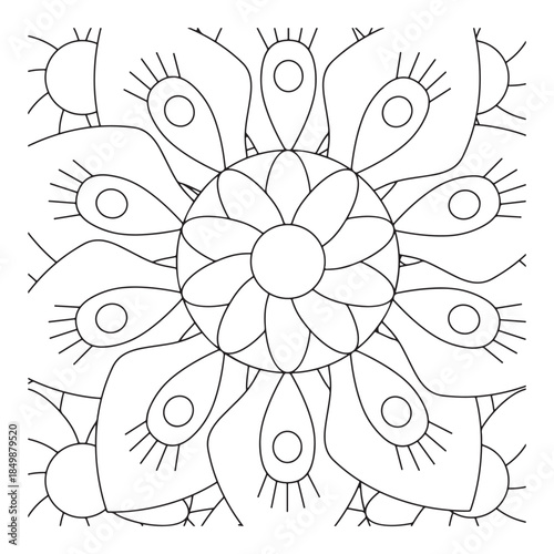 Intricate floral mandala design with teardrop petals and circular patterns