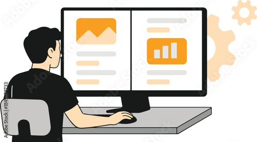 SEO Expert Analyzing Website Performance Data on Analytics Dashboard Vector Illustration