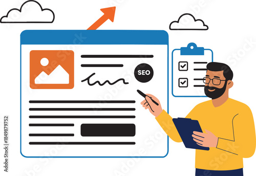 SEO Expert Conducting Content Audit to Refresh Website Content for Better Performance Vector Illustration