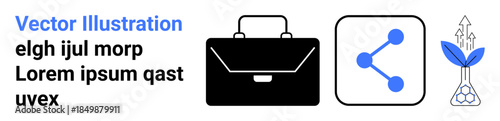 Business strategy, professional networking, sustainable development, growth opportunities, corporate ideas, innovation. Set of icons a briefcase, share symbol and plant with arrows. Business