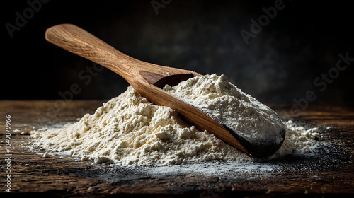 Pile of white all-purpose flour with a wooden scoop on a dark rustic wooden background, baking ingredients