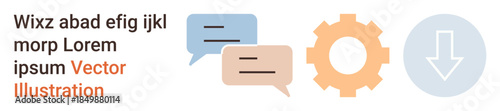 Communication, technology, workflow, collaboration, data sharing, digital tools. Speech bubbles, gear and download icon in minimalist flat style. Communication and technology concept