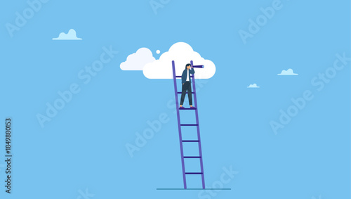 Confidence executive businesswoman company standing on ladder of success using telescope for future vision. Woman leadership, new diversity world directed by lady leader.