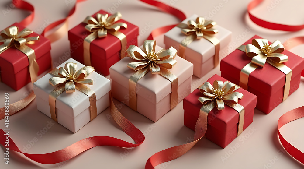 Obraz premium Elegant red and white gift box arrangement with gold ribbon and bows, festive holiday mood and luxurious celebration atmosphere