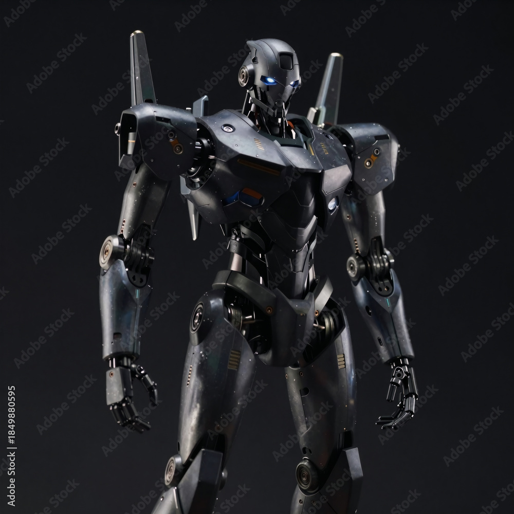 Fototapeta premium Dark background silhouette of glowing-eyed robot
