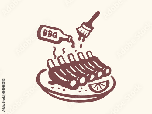 BBQ Ribs Plate Minimal Outline Icon Vector Illustration