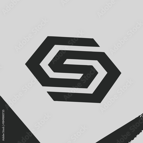 Abstract hexagonal geometric symbol icon design with a stylized S or zigzag pattern in black on a light grey background, featuring brush stroke accents.