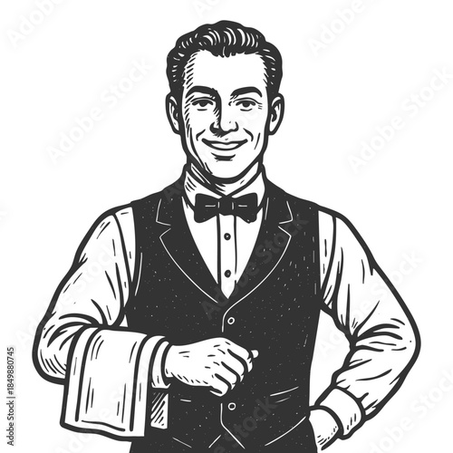 cheerful male waiter wearing a vest and bow tie, standing with arms folded and friendly demeanor sketch engraving generative ai vector illustration. Scratch board imitation. Black and white image.
