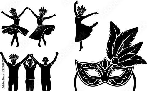 A Vibrant Collection of Carnival Silhouettes Highlighting Ornate Masquerade Masks, Feathered Dancers, and Joyous Festival Celebrations.