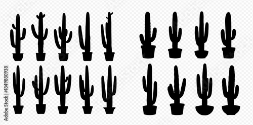 Set of various black cactus silhouettes in pots, isolated on a transparent background, depicting desert plants and succulents.