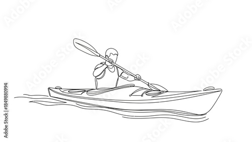 Man kayaking on serene water with paddle in hand, enjoying outdoor adventure