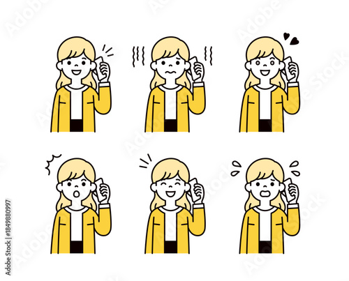 スマートフォンで通話する、様々な表情の女性・主婦・ママの上半身ベクターイラスト素材セット