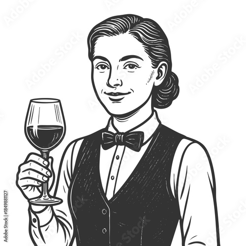 smiling female sommelier holding a glass of red wine sketch engraving generative ai fictional character vector illustration. Scratch board imitation. Black and white image.