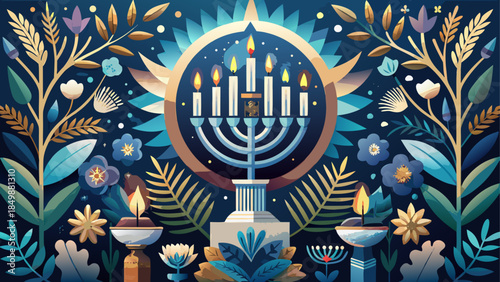 Illuminated menorah in a botanical garden