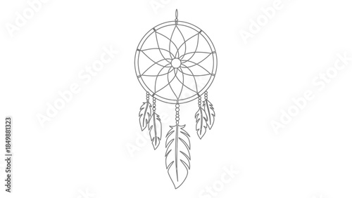 Dreamcatcher with feathers and web design on white background