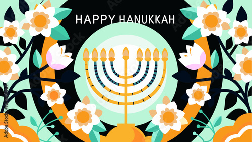 Happy hanukkah with menorah and flowers