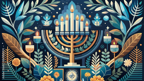 Illuminated menorah in lush garden