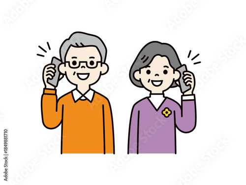 スマートフォンで話す・通話する、おじいさん・おばあさんのベクターイラスト素材セット＿カラー