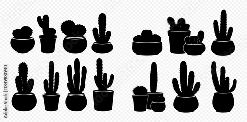 Collection of various potted cactus and succulent plant silhouettes in different shapes and sizes.