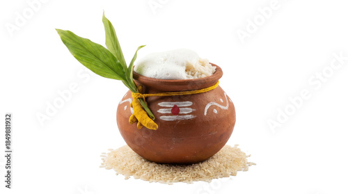 Pongal festival depiction of a small brown pot containing white contents and green leaves solid white background and no background