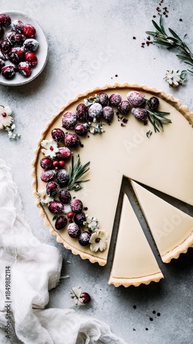 white chocolate tart with cranberries and rosemary, decorated around the edge of an elegant white fabric background