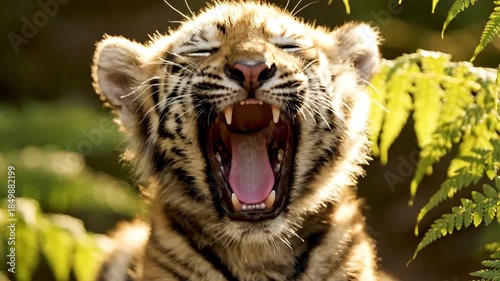 Close-up portrait of a young tiger in natural light, green foliage