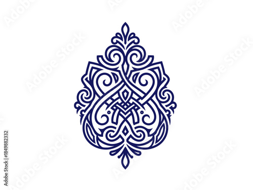 Dark blue intricate symmetrical knotwork design shaped like an elongated teardrop