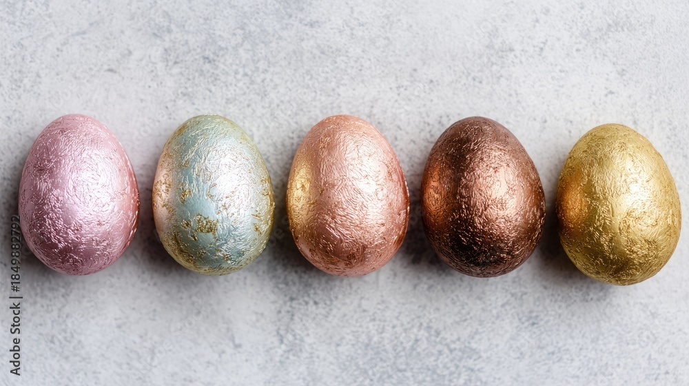 Obraz premium Five decorative Easter eggs in pastel colors arranged on a light gray surface. The eggs are shiny and have a metallic finish.