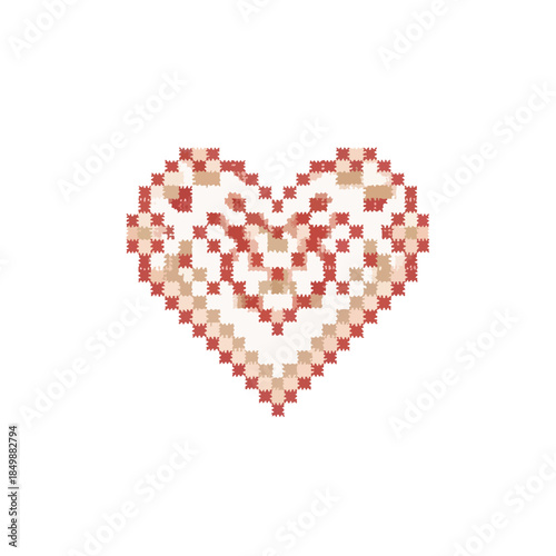 A pixelated heart made of red and white squares on a solid white background, conveying a valentine romantic mood with a graphic and digital style.