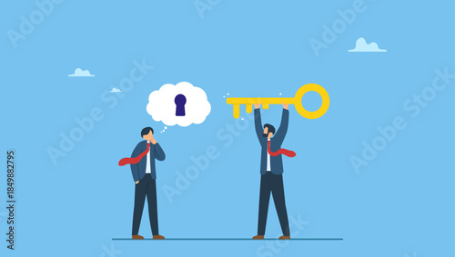 Businessman with key helps his colleague unlock ideas in his mind. Business support or help to solve problem, clear and unblock work obstacle or key to unlock business idea.