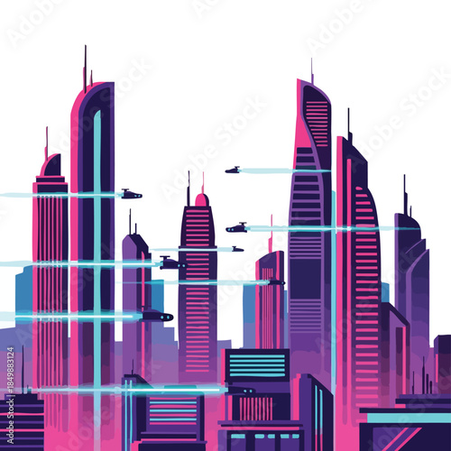 Neon-lit futuristic cityscape with sleek skyscrapers and flying cars in a vibrant pink and purple hue, against a white background with a sense of valentine romantic ambiance.