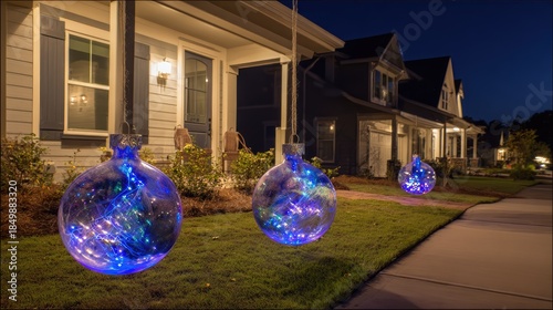 three large, light-up christmas ornaments with blue lights on the front porch