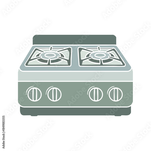 A romantic valentine's day kitchen setup featuring a green gas stove with two burners and knobs on a clean white background.