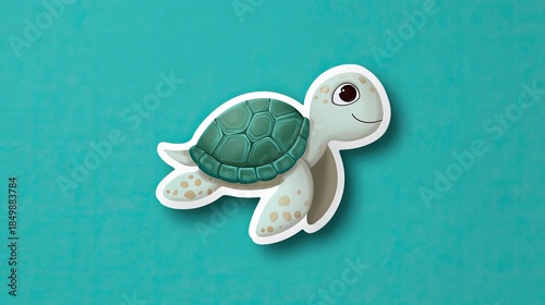 Sticker with a white border on a turquoise background, featuring a happy baby turtle with a brown shell and green neck